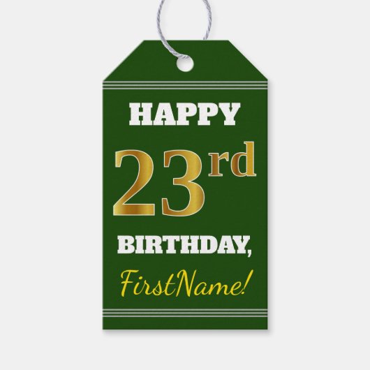 Groen, Faux Gold 23rd Birthday + aangepaste naam Cadeaulabel (Voorkant)