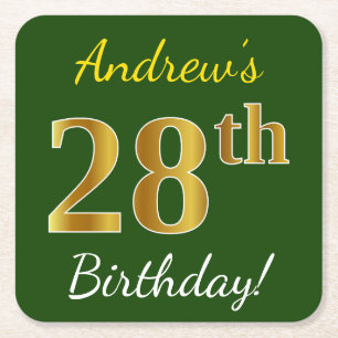Groen, Faux Gold 28th Birthday + aangepaste naam Vierkante Kartonnen Onderzetter
