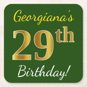 Groen, Faux Gold 29th Birthday + Eigen naam Vierkante Kartonnen Onderzetter
