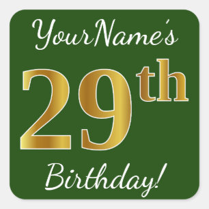 Groen, Faux Gold 29th Birthday + Eigen naam Vierkante Sticker