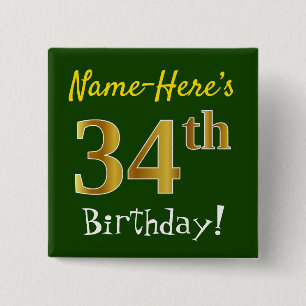 Groen, Faux Gold 34th Birthday, met aangepaste naa Vierkante Button 5,1 Cm