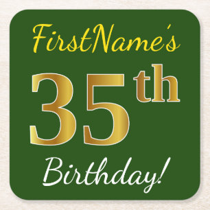 Groen, Faux Gold 35th Birthday + Eigen naam Vierkante Kartonnen Onderzetter