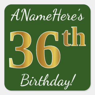 Groen, Faux Gold 36th Birthday + Eigen naam Vierkante Sticker