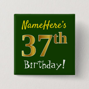 Groen, Faux Gold 37th Birthday, met aangepaste naa Vierkante Button 5,1 Cm