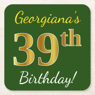 Groen, Faux Gold 39th Birthday + Eigen naam Vierkante Kartonnen Onderzetter