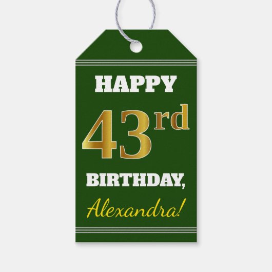 Groen, Faux Gold 43rd Birthday + Aangepaste naam Cadeaulabel (Voorkant)
