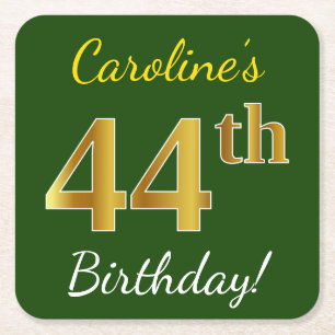 Groen, Faux Gold 44th Birthday + Eigen naam Vierkante Kartonnen Onderzetter