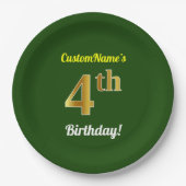 Groen, Faux Gold 4th Birthday + aangepaste naam Papieren Bordje (Voorkant)