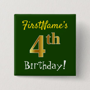 Groen, Faux Gold 4th Birthday, met aangepaste naam Vierkante Button 5,1 Cm