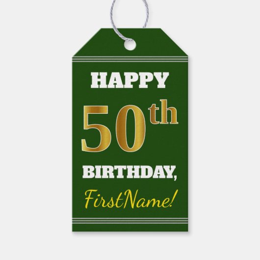 Groen, Faux Gold 50th Birthday + aangepaste naam Cadeaulabel (Voorkant)