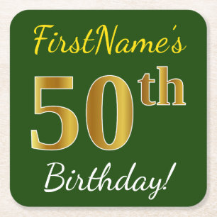 Groen, Faux Gold 50th Birthday + aangepaste naam Vierkante Kartonnen Onderzetter
