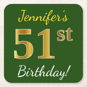 Groen, Faux Gold 51st Birthday + aangepaste naam Vierkante Kartonnen Onderzetter