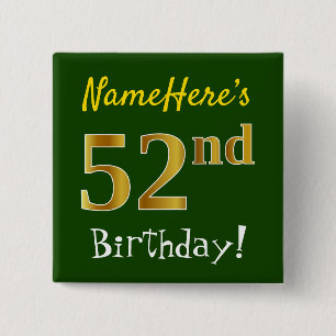 Groen, Faux Gold 52e verjaardag, met aangepaste na Vierkante Button 5,1 Cm