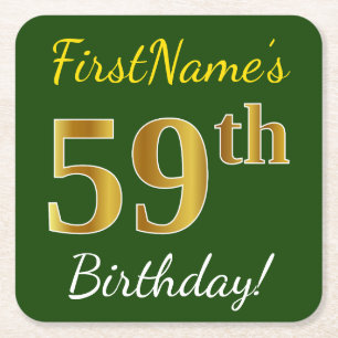 Groen, Faux Gold 59th Birthday + Eigen naam Vierkante Kartonnen Onderzetter
