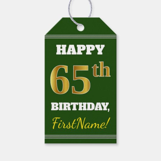 Groen, Faux Gold 65th Birthday + Eigen naam Cadeaulabel (Voorkant)