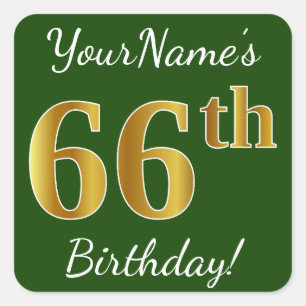 Groen, Faux Gold 66th Birthday + Aangepaste naam Vierkante Sticker