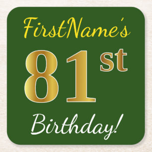 Groen, Faux Gold 81st Birthday + aangepaste naam Vierkante Kartonnen Onderzetter
