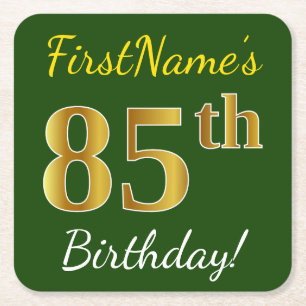 Groen, Faux Gold 85th Birthday + Eigen naam Vierkante Kartonnen Onderzetter