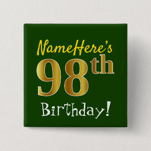 Groen, Faux Gold 98th Birthday, met aangepaste naa Vierkante Button 5,1 Cm