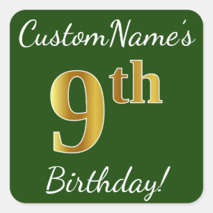 Groen, Faux Gold 9th Birthday + Eigen naam Vierkante Sticker