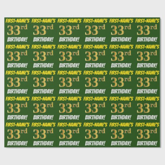 Groen, Faux/Imitation Gold, "33rd BIRTHDAY" Cadeaupapier (Vlak)