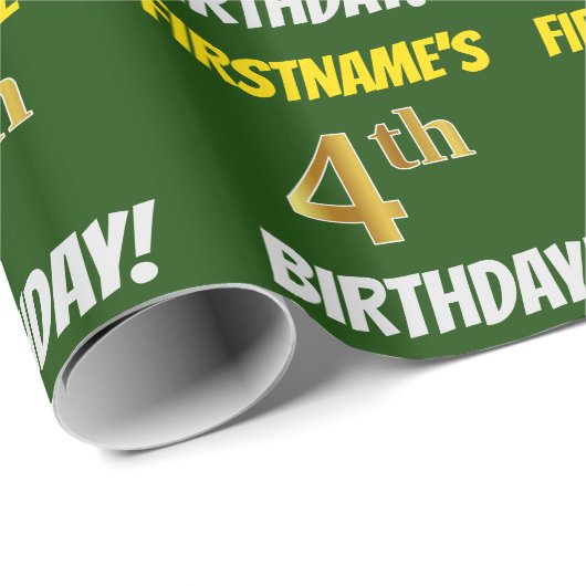 Groen, Faux/Imitation Gold, "4th BIRTHDAY" Cadeaupapier (Rol Hoek)