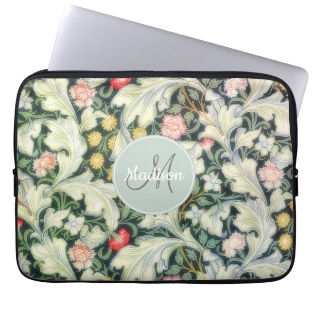 Groen  Floral Patroon met Monogram Laptop Sleeve (Voorkant)