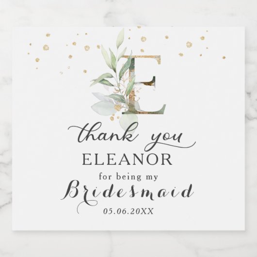 Groen Foliage Bruidsmeisje letter E Dank u Sparkling Wijnetiket (Enkel label)