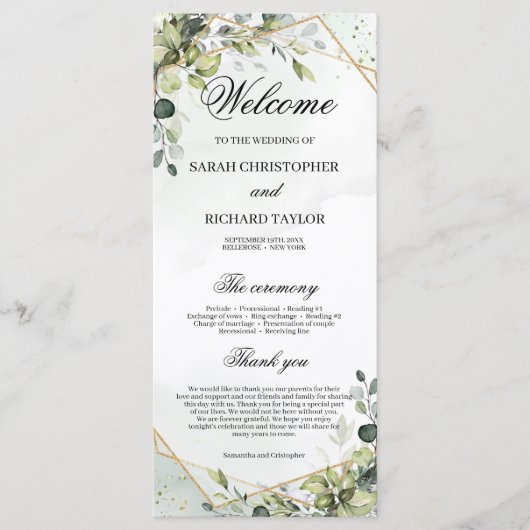 Groen Foliage Faux Gold Geometrische boho bruiloft Programma (Voorkant)