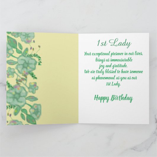 Groen gebladerte Bloemen Goud 1e Dame Verjaardag Kaart (Binnen)