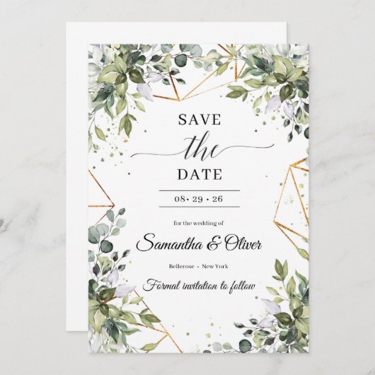 Groen gebladerte eucalyptus laat goud achter behal save the date (Voorkant / Achterkant)