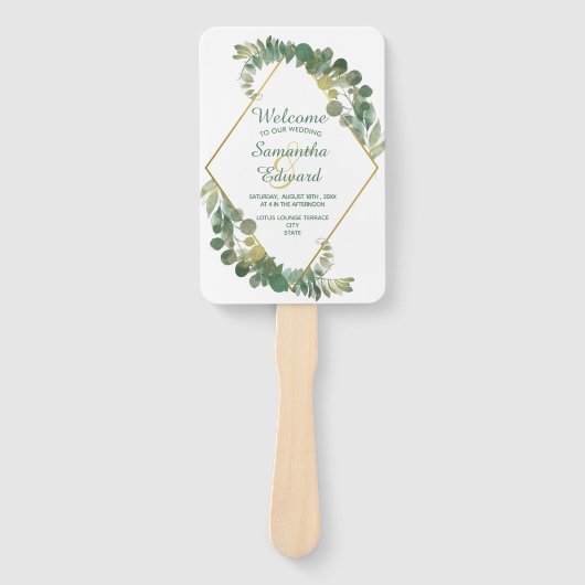 Groen gebladerte gouden diamant Lijst bruiloft pro Handwaaier (Voorkant)