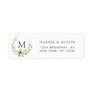 Groen gebladerte krans monogram retouradres etiket