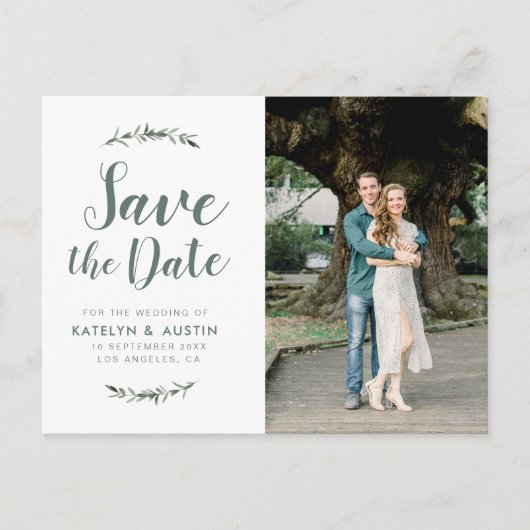 Groen gebladerte Modern script bruiloft Save the d Briefkaart (Voorkant)