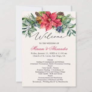 Groen gebladerte Poinsettia Wedding Program Kaart