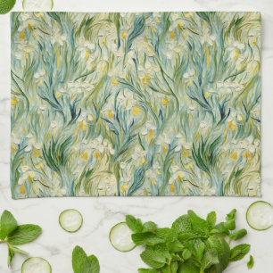 Groen Geel Botanische Iris Patroon Keuken Handdoek