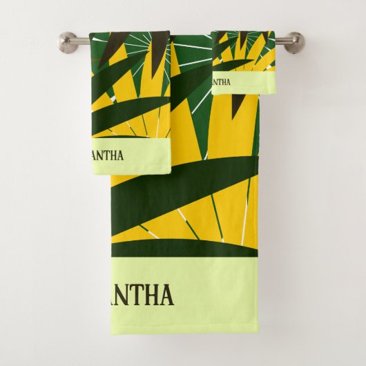 Groen Geel Crème Abstract Geometrisch blad Bad Handdoek (Insitu)