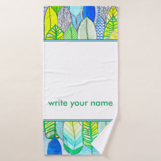 Groen Geel Modern Tropisch Boho Monogram naam Bad Handdoek