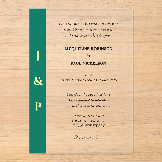 Groen Geel Monogram Bruid en Bruidegom Clear Acryl Uitnodigingen (Voorkant)