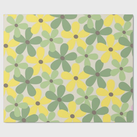 Groen Geel Retro Y2K 70s Bloempatroon Cadeaupapier (Vlak)