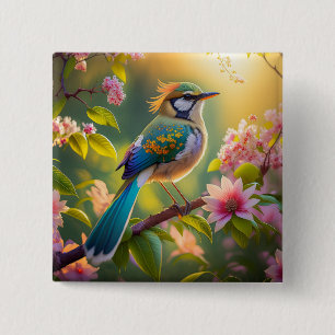 Groen Gehoornde Teal Gevleugelde Fantasie Vogel Vierkante Button 5,1 Cm