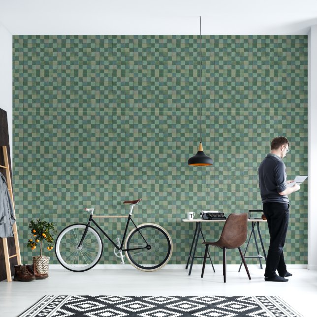 Groen geometrisch tegel patroon Vinyl Behang (Woonkamer)