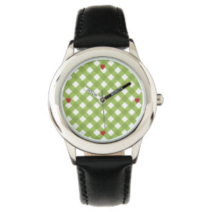 Groen geruit patroon met rode harten horloge