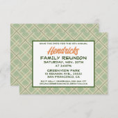 Groen, geruite familiereünie ontwerp save the date (Voorkant / Achterkant)
