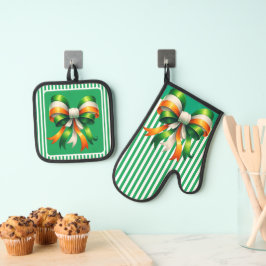 Groen gestreepte Ierse Coquette Ovenwant & Pannenlap Set