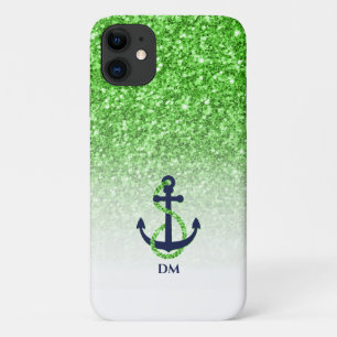 Groen glitter ombre met blauw anker iPhone 11 hoesje