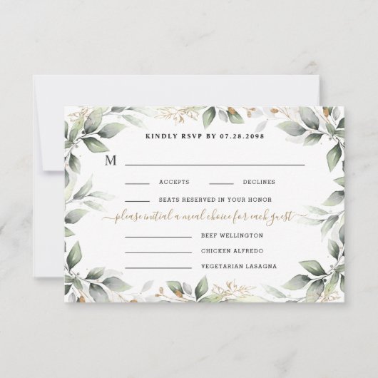 Groen & Goud 3 Driegangenkeuze Rustieke Trouwdag RSVP Kaartje (Voorkant)