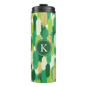 Groen Goud Abstract Penseelstreken Patroon Monogra Thermosbeker