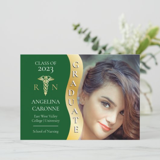 Groen |Goud Afgestudeerd Golf Caduceus RN Verpleeg Aankondiging (Staand voorkant)