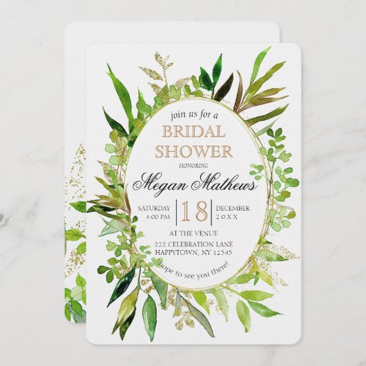 Groen & Goud Blad Bruids Douche Uitnodiging (Voorkant / Achterkant)